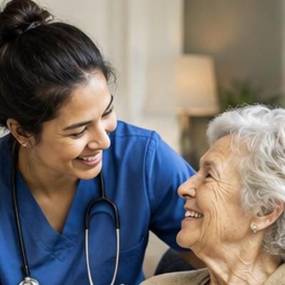 A nurse sitting and talking with a client